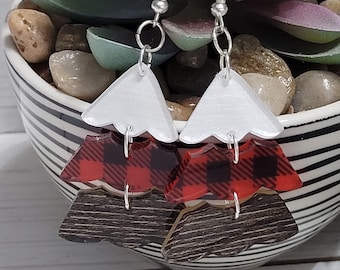 Layered Christmas Tree Earrings, Red Plaid Christmas Tree Earrings, Buffalo Plaid Christmas Tree Earrings, Rustic Christmas Tree Earrings