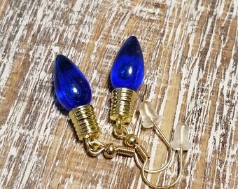 Tiny Blue Christmas Light Bulb Earrings, Rounded Christmas Bulb Earrings, Blue Christmas Lights