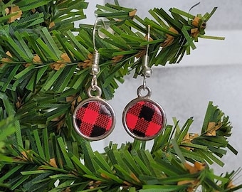 Tiny Red and Black Buffalo Plaid Charm Earrings, Buffalo Plaid Christmas Drop Earrings, Check Dangle Earrings, Red Buffalo Earrings