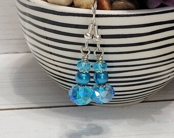 Small Aquamarine Beaded Earrings, Blue Austrian Crystal Dangle Earrings, Blue Drop Earrings, Blue Beaded Earrings, Blue Glass Dangle Earring