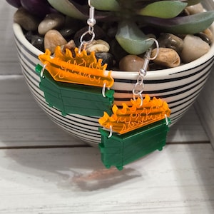 Dumpster Fire Earrings, Large Dumpster Fire Dangle Earrings, Dumpster with Fire Earrings, Novelty Earrings, Acrylic Dumpster Earrings