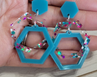 Linked Hexagon Stud Earrings, Hexagon Hoop Earrings, Retro Hexagon Earrings, Illusion Earrings, Hexagon Studs, Geometric Earrings