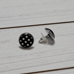 Black Polkadot Stud Earrings, Black Polkadot Post Earrings, 12mm Studs, Polkadot Black Studs, Polkadot Studs afbeelding 3