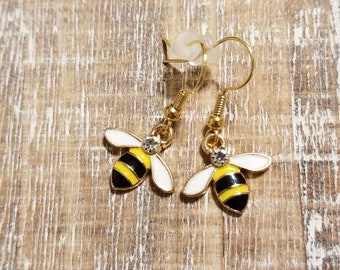 Tiny Bee Earrings, Bee Charm Earrings, Honey Bee Earrings, Honeybee Earrings, Bumble Bee Earrings, Bumblebee Earrings