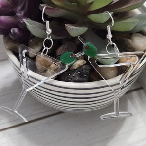 Large Martini Earrings, Martini Glass Earrings, Martini and Green Olive Earrings, Martini Dangle Earrings, Martini with Olive Earrings