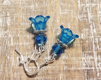 Blue Lucite Flower Dangle Earrings