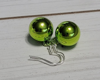 Lime Green Christmas Ornament Ball Earrings, Green Ornament Ball Earrings, Christmas Earrings Ornament Balls Green, Christmas Dangle Earring