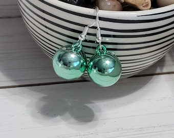 Mint Green Christmas Ornament Ball Earrings, Metallic Green Christmas Earrings, Christmas Ornament Earrings, Christmas Ball Earrings