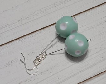 Long Large Mint Green and White Drop Ball Earrings, Statement Earrings, Polkadot Earrings, Large Ball Drop Earrings, Drop Ball Earrings