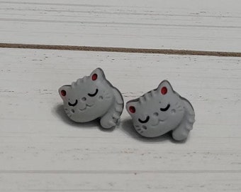 Sleepy Cat Earrings, Sleeping Cat Earrings, Cat Studs, Cat Posts, Sleepy Kitty Earrings, Sleeping Cat Studs, Gray Cat Studs