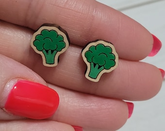 Broccoli Earrings, Broccoli Stud Earrings, Veggie Earrings, Hand Painted Wood Stud Earrings, Vegetable Earrings, Handmade Broccoli Earrings