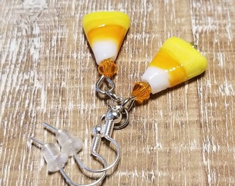 Small Candy Corn Earrings, Candy Corn Earrings, Tiny Halloween Earrings, Halloween Earrings, Glass Candy Corn Earrings