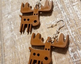 Brown Christmas Moose Earrings, Large Moose Earrings