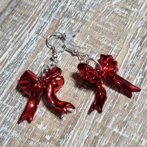 Red Christmas Bow Earrings, Bow Earrings, Ribbon Earrings, Holiday Earrings