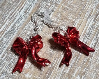 Red Christmas Bow Earrings, Bow Earrings, Ribbon Earrings, Holiday Earrings