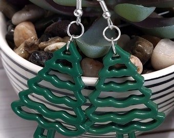 Dark Green Christmas Tree Earrings, Christmas Tree Dangle Earrings, Christmas Tree Earrings Green, Christmas Tree Outline Earrings