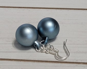 Matte Silver Blue Christmas Ornament Ball Earrings, Blue Silver Ornament Earrings, Christmas Ornament Earrings, Ornament Earrings Christmas