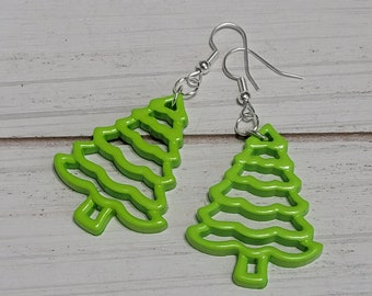 Lime Green Christmas Tree Earrings, Light Green Christmas Tree Earrings, Christmas Tree Dangle Earrings, Christmas Earrings