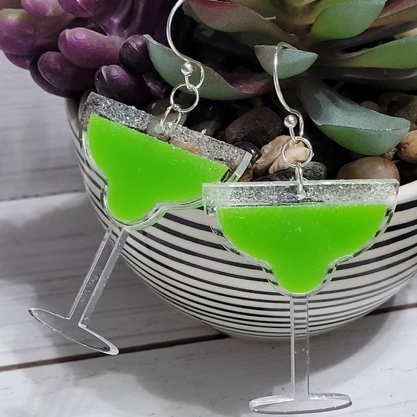 Large Margarita Earrings, Margarita Glass Earrings, Cinco de Mayo Earrings, Margarita Green Earrings, Margarita Dangle Earrings, Acrylic