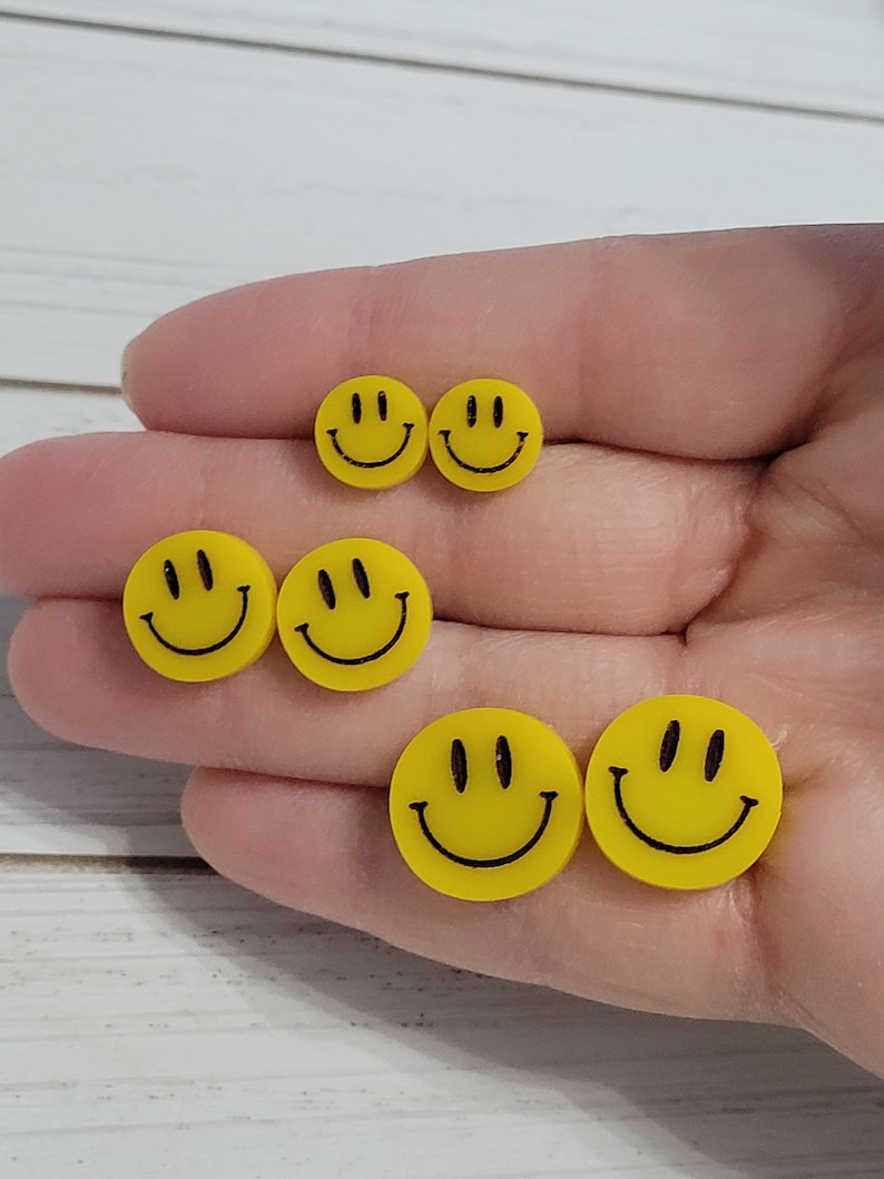 Large Smiley Face Studs, Happy Face Emoji Earrings, Smiley Face Earrings, Smiley Studs, 90s Earrings, Yellow Smiley Face Earrings 1 Pair image 3