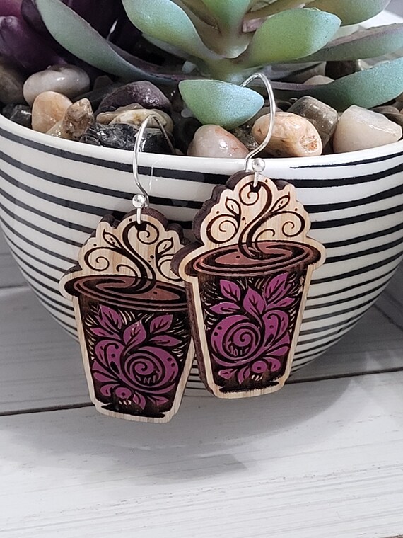 Hand-Painted Floral Coffee Cup Earrings, Hypoallergenic Dangle Earrings