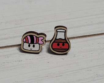 Kawaii Sushi and Soy Sauce Earrings, Sushi and Soy Sauce Stud Earrings, Hand Painted Wood Stud Earrings, Food Earrings, Earrings Food Pairs