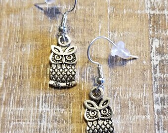 Angry Owl Charm Earrings, Angry Owl Earrings, Silver Owl Earrings, Owl Earrings Silver