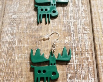 Green Christmas Moose Earrings, Large Moose Earrings