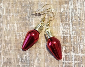 Dark Red Christmas Light Bulb Earrings (flat on back)