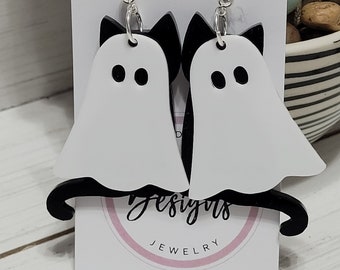 Ghost Cat Earrings, Cat Ghost Earrings, Halloween Cat Ghost Earrings, Cat with Ghost Costume Earrings, Ghost Cat Halloween Earrings