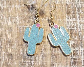Blue and Gold Cactus Earrings