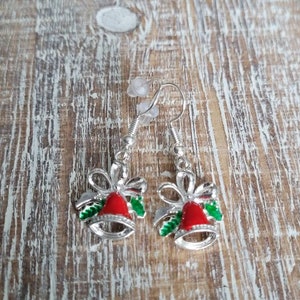 Silver Bell Earrings, Silver Christmas Earrings, Silver Christmas Bell Earrings, Red and Green Bell Earrings, Holiday Earrings