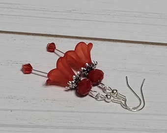 Bright Red Frosted Lucite Flower Earrings, Long Red Flower Earrings, Red Flower Dangle Earrings, Red Lucite Flower Earrings