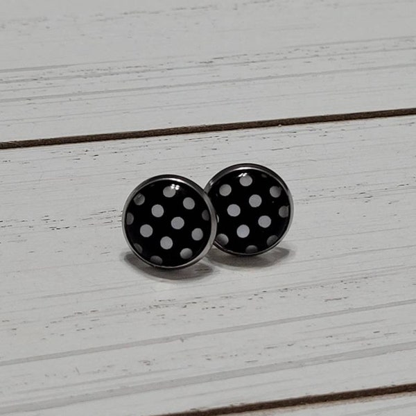 Black Polkadot Stud Earrings,  Black Polkadot Post Earrings, 12mm Studs, Polkadot Black Studs, Polkadot Studs