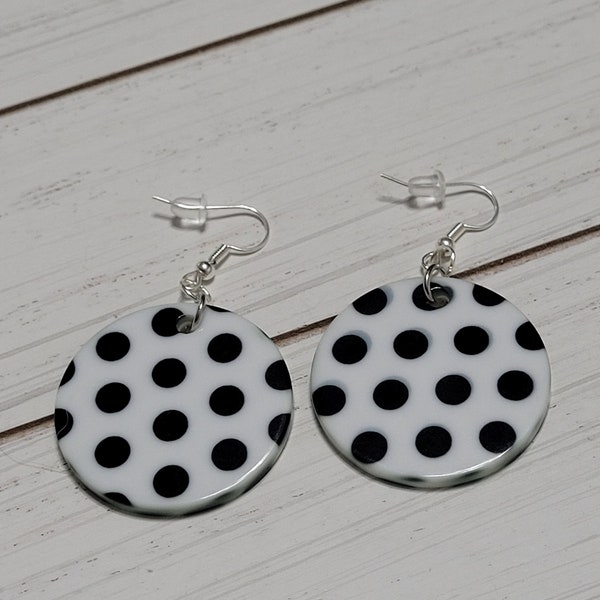 Large Black and White Polkadot Disc Earrings, Costume Earrings, Costume Jewelry, Polkadot Earrings, Large Polkadot Earrings