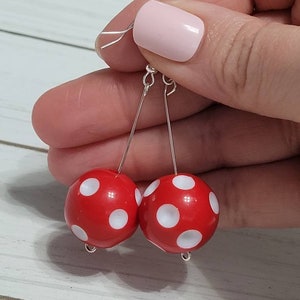 Long Large Red and White Drop Ball Earrings, Statement Earrings, Polkadot Earrings, Large Drop Ball Earrings, Red Bubblegum Bead Earrings