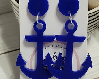 Large Blue Anchor Earrings, Blue Anchor Stud Earrings, Large Anchor Earrings, Anchor Costume Earrings, Halloween Anchor Costume Earrings