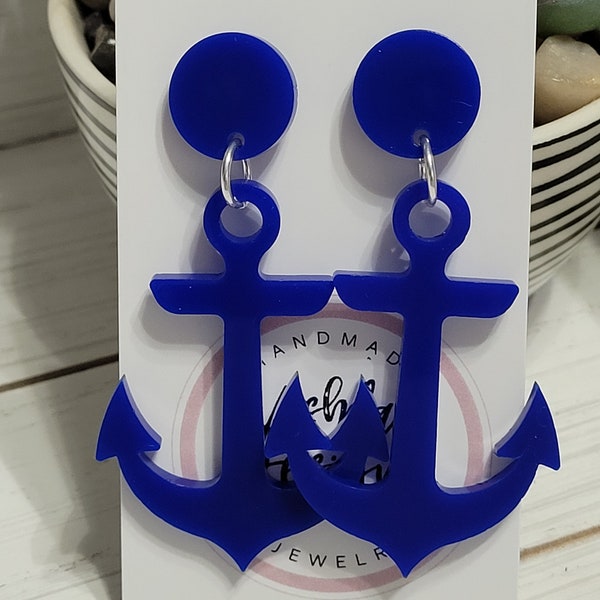 Large Blue Anchor Earrings, Blue Anchor Stud Earrings, Large Anchor Earrings, Anchor Costume Earrings, Halloween Anchor Costume Earrings