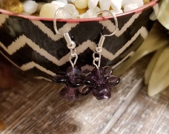 Dark Purple Flower Dangle Earrings,  Purple Crystal Silver Earrings, Purple Beaded Flower Earrings, Beaded Earrings, Handmade Earrings