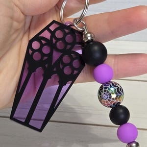 Large Halloween Coffin Keychain, Vampire Keychain, Purple Beaded Halloween Keychain, Coffin Halloween Keychain Acrylic, Spooky Keychain