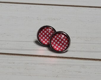 Pink Polkadot Stud Earrings, Pink Polkadot Post Earrings, 12mm Studs, Polkadot Pink Studs, Polkadot Studs