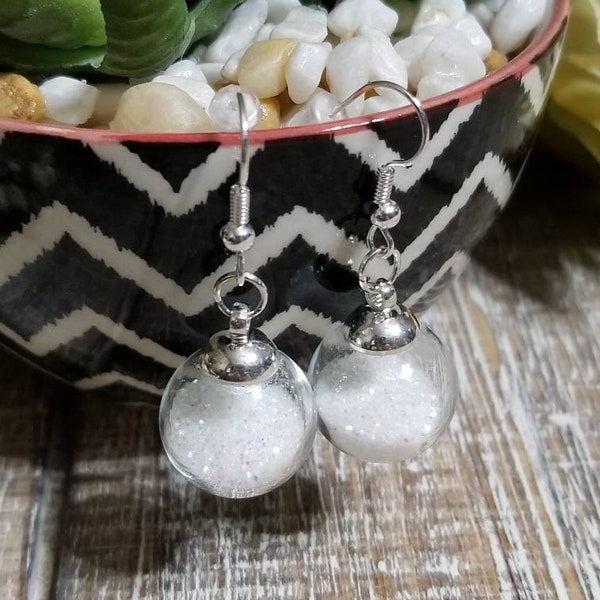 Snow Globe Earrings, Snowglobe Earrings, Winter Earrings, Snow Ball Earrings, Christmas Earrings, Realistic Snow Globe Earrings - Glass