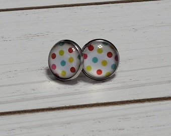 Colorful Polkadot Stud Earrings, White Polkadot Post Earrings, 12mm Studs, Polkadot Multicolor Studs, Polkadot Studs