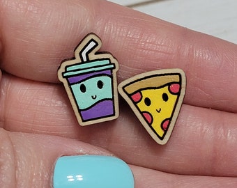 Kawaii Perfect Pair Earrings, Cola and Pizza Stud Earrings, Pizza and Cola Earrings, Hand Painted Wood Stud Earrings, Food Earrings