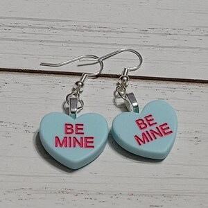 Blue Valentines Day Conversation Heart Earrings, Valentine Heart Earrings, Valentines Candy Earrings