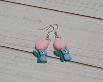 Pink Tulip Bear Earrings, Blue Tulip Dangle Earrings, Blue Tulip Earrings, Bear and Tulip Earrings, Flower and Bear Earrings