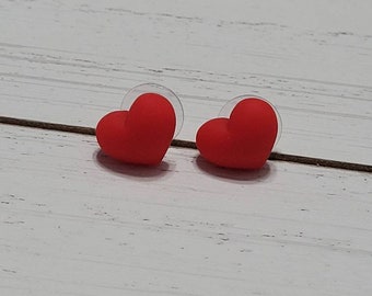 Red Heart Stud Earrings, Red Heart Post Earrings, Red Heart Studs, Red Heart Posts, Valentine Studs, Valentine Heart Studs, Puffy Hearts