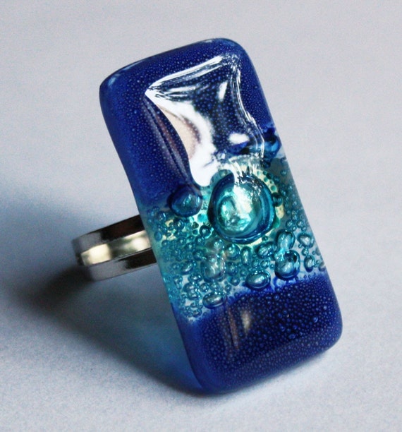 Items similar to Blue fused glass ring Adjustable size on Etsy