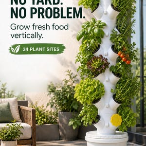 May include: A white vertical hydroponic tower garden with 24 plant sites, featuring green leafy vegetables and herbs. The unit includes a base reservoir, a yellow cap, and text reading HydroGroveCo, NO YARD. NO PROBLEM. Grow fresh food vertically.