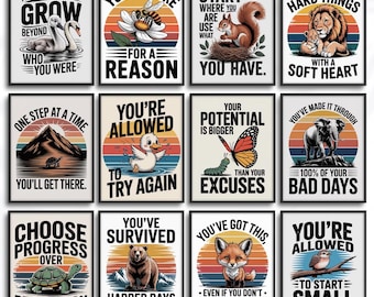 May include: A set of framed motivational posters. Each poster features a colourful illustration of an animal or nature scene with an inspirational quote. The posters have a vintage, retro style with a sunset or sunrise background.